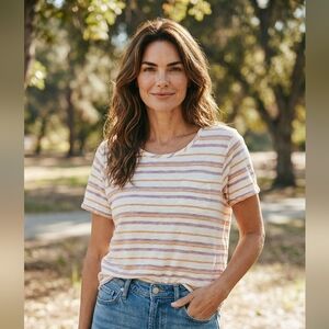 C&C California Women's Striped Linen Tee - Purple, Orange, White